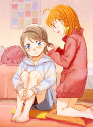 Rule 34 | 2girls, barefoot, bed, black shorts, blue eyes, blush, braid, braiding hair, brown hair, commentary request, cushion, fukutarou (enji127), hairdressing, hood, hood down, hoodie, indoors, kneeling, knees up, long sleeves, looking at another, love live!, love live! sunshine!!, multiple girls, open mouth, orange hair, own hands together, pocket, red eyes, short hair, shorts, side braid, sitting, smile, striped clothes, striped hoodie, stuffed animal, stuffed shrimp, stuffed toy, takami chika, watanabe you