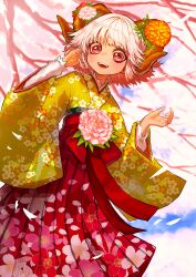 Rule 34 | 1girl, blush, cherry blossoms, curled horns, day, feet out of frame, floral print, flower, fuji tarawi, hair flower, hair ornament, hakama, hakama skirt, highres, horns, japanese clothes, kimono, looking at viewer, obi, open mouth, original, outdoors, petals, print hakama, print kimono, red eyes, red hakama, sash, short hair, skirt, smile, solo, teeth, white hair, yellow kimono