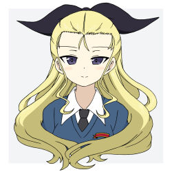 Rule 34 | 1girl, assam (girls und panzer), black necktie, black ribbon, blonde hair, blue eyes, blue sweater, closed mouth, commentary, cropped torso, dress shirt, emblem, girls und panzer, grey background, hair pulled back, hair ribbon, highres, ichinose jun, long hair, long sleeves, looking at viewer, necktie, ribbon, school uniform, shirt, smile, solo, st. gloriana&#039;s school uniform, sweater, tsurime, upper body, v-neck, white shirt, wing collar