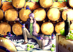 Rule 34 | 1boy, alcohol, apple, bad id, bad pixiv id, barrel, coat, cup, doll, drink, dripping, food, fruit, garry (ib), glass, grapes, hair over one eye, ib (kouri), male focus, mug, naan, open mouth, outdoors, pants, purple hair, shirt, shoes, short hair, sitting, smile, solo, sunlight, torn clothes, watermark, wine
