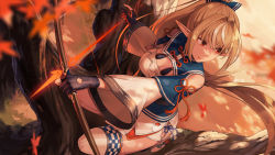 Rule 34 | 1girl, arrow (projectile), black gloves, black sash, blonde hair, bow (weapon), breasts, cleavage, closed mouth, dark-skinned female, dark skin, detached sleeves, floating hair, gloves, hair intakes, highres, holding, holding bow (weapon), holding weapon, hololive, in tree, kotatiyu, large breasts, long sleeves, multicolored hair, obi, partially fingerless gloves, pointy ears, ponytail, red eyes, sash, shiranui flare, shiranui flare (old design), solo, streaked hair, thighhighs, tree, virtual youtuber, weapon, white thighhighs