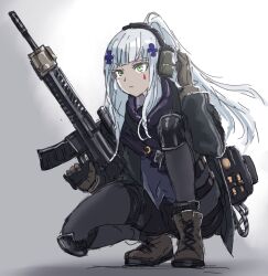 Rule 34 | 1girl, absurdres, assault rifle, black pantyhose, boots, brown footwear, brown gloves, chinese commentary, commentary request, ear protection, fuku (fuku12290574), full body, girls&#039; frontline, gloves, green eyes, gun, h&amp;k hk416, hair ornament, hand on own ear, headphones, heckler &amp; koch, highres, hk416 (girls&#039; frontline), hood, hood down, hoodie, jacket, knee pads, long hair, looking ahead, magazine (weapon), optical sight, pantyhose, pantyhose under shorts, pouch, rifle, rope, shorts, simple background, sketch, solo, squatting, strap, striped clothes, striped jacket, tactical clothes, teardrop tattoo, thigh strap, trigger discipline, vertical-striped clothes, vertical-striped jacket, weapon, white hair