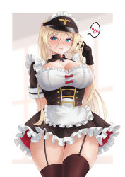 Rule 34 | 1girl, absurdres, alternate costume, apron, arm behind back, azur lane, bismarck (azur lane), black dress, black gloves, black thighhighs, blonde hair, blue eyes, blurry, blurry background, blush, breasts, cleavage, closed mouth, collared dress, cowboy shot, cross, dress, enmaided, frilled apron, frilled dress, frills, garter straps, gloves, hair between eyes, highres, iron cross, large breasts, long hair, looking at viewer, maid, maid apron, maid headdress, playing with own hair, short sleeves, sidelocks, skindentation, solo, speech bubble, spoken blush, standing, thighhighs, visor cap, white apron, whitter