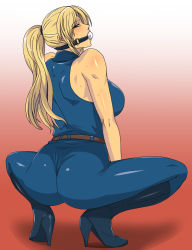 Rule 34 | 1girl, ass, ball gag, bare shoulders, bdsm, blonde hair, blue eyes, blush, bodysuit, bondage, boots, bound, breasts, from behind, gag, gagged, greco roman (spiral brain), halterneck, high heels, knee boots, large breasts, long hair, looking back, ponytail, sarah bryant, shoes, solo, spread legs, squatting, sweat, virtua fighter