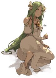Rule 34 | 1girl, absurdres, bare shoulders, barefoot, closed mouth, dress, feet, female focus, fire emblem, fire emblem: three houses, flower, green eyes, green hair, hair flower, hair ornament, highres, long hair, long sleeves, matching hair/eyes, nintendo, off-shoulder dress, off shoulder, rhea (fire emblem), sakuremi, simple background, solo, toes, white background, white dress