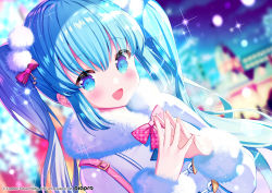 Rule 34 | 1girl, :d, blue eyes, blue hair, blurry, blurry background, blush, bow, coat, commentary, copyright notice, depth of field, fur-trimmed coat, fur-trimmed sleeves, fur trim, hair between eyes, hair bow, hands up, hatsune miku, ikari (aor3507), long hair, long sleeves, looking at viewer, official art, open mouth, purple coat, sidelocks, smile, solo, sparkle, steepled fingers, striped, striped bow, twintails, upper body, vocaloid, watermark, web address, yuki miku