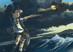 Rule 34 | 1girl, absurdres, aiming, ayanami (kancolle), blurry, brown eyes, brown hair, cloud, dark, dated, depth of field, dutch angle, firing, flag, highres, hill, kantai collection, kneehighs, laminar flow, long hair, looking to the side, ocean, open mouth, outstretched arm, pleated skirt, rising sun flag, school uniform, serafuku, side ponytail, signature, skirt, sky, socks, solo, sunburst, sunlight, thigh strap, throat microphone, turret, water, waving