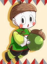 Rule 34 | 1boy, acorn, black eyes, blush stickers, chaozu, chinese clothes, colored skin, dragon ball, full body, hat, holding, male focus, nn (kingdamu22), open mouth, solo, white skin