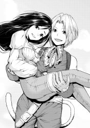 Rule 34 | 1boy, 1girl, absurdres, black eyes, black hair, bodysuit, breasts, carrying, cleavage, commentary request, feathers, final fantasy, final fantasy ix, garnet til alexandros xvii, gloves, greyscale, grin, highres, jewelry, kalua, long hair, monkey tail, monochrome, monochrome, necklace, pants, princess carry, short hair, smile, tail, zidane tribal