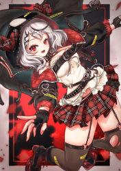 Rule 34 | 1girl, abstract background, black gloves, black jacket, boots, breasts, fang, fingerless gloves, garter straps, gloves, hair ornament, highres, hololive, hood, jacket, kaiju ryoku, looking at viewer, medium breasts, miniskirt, nail polish, open mouth, outstretched arms, plaid, plaid skirt, pleated skirt, red eyes, red nails, sakamata chloe, skirt, solo, thighhighs, thighs, torn clothes, torn thighhighs, virtual youtuber, white hair, x hair ornament