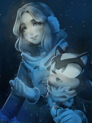 Rule 34 | 1boy, 1girl, alternate eye color, animal ear fluff, animal ears, animal nose, black fur, black sky, blonde hair, blue coat, blue eyes, blue sky, blush, body fur, bracelet, buttons, coat, earmuffs, fang, food, fur-trimmed sleeves, fur trim, furry, furry male, gloves, gold bracelet, gradient sky, grey scarf, hand up, hands up, hedgehog, holding, holding food, jewelry, lips, long hair, long sleeves, looking at another, looking up, maria robotnik, night, night sky, open mouth, outdoors, package, scarf, shadow the hedgehog, sky, smile, snowing, sonic (series), stardust-dreamii, steam, teeth, tongue, two-tone fur, white fur, white gloves