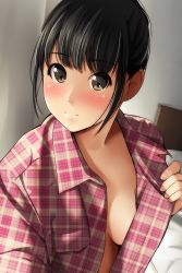 Rule 34 | 1girl, absurdres, bed, black hair, blush, breasts, brown eyes, closed mouth, fingernails, hand up, head tilt, highres, indoors, matsunaga kouyou, medium breasts, nose blush, open clothes, open shirt, original, plaid, plaid shirt, red shirt, shirt, sidelocks, smile, solo