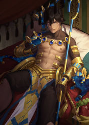 Rule 34 | 1boy, abs, absurdres, ahoge, animal, animal ears, bare pectorals, bed, black gloves, brown hair, cat, cat ears, cat tail, dark skin, dark-skinned male, egyptian, egyptian clothes, fate/grand order, fate/prototype, fate/prototype: fragments of blue and silver, fate (series), food, fruit, gauntlets, gloves, hair between eyes, highres, holding, holding staff, jewelry, lying, male focus, muscular, necklace, on back, ozymandias (fate), pectorals, pillow, topless male, shrug (clothing), sitting, solo, staff, tail, wumang xing, yellow eyes