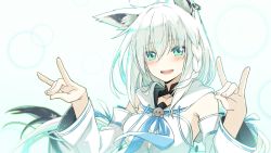 Rule 34 | 1girl, :d, animal ears, blue background, blue eyes, blue neckerchief, blush, braid, breasts, collarbone, denken, detached sleeves, double fox shadow puppet, fox ears, fox shadow puppet, fox tail, hand gesture, highres, hololive, hood, hood down, looking at viewer, medium hair, neckerchief, open mouth, ribbon trim, shirakami fubuki, shirakami fubuki (1st costume), small breasts, smile, solo, tail, teeth, upper body, upper teeth only, virtual youtuber, white hair, wide sleeves, wolf ears, wolf tail
