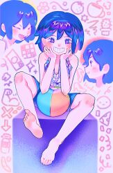 Rule 34 | 1boy, ball, barefoot, blush, closed eyes, closed mouth, grin, highres, kel (headspace) (omori), kel (omori), looking at viewer, omori, open mouth, ow12714, parted lips, purple eyes, purple hair, short hair, shorts, sitting, smile, solo, teeth