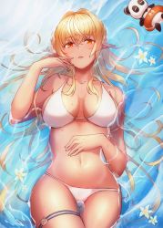 Rule 34 | 1girl, bikini, blonde hair, breasts, dark-skinned female, dark skin, elf, flower, hair between eyes, hand on own stomach, hand to own mouth, hololive, in water, innertube, kintsuba (shiranui flare), large breasts, long hair, looking at viewer, navel, open mouth, pointy ears, red eyes, sasaki (glass1138), shiranui flare, skindentation, smile, swim ring, swimsuit, thigh strap, thighs, virtual youtuber, white bikini