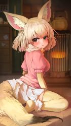 Rule 34 | 1girl, animal ear fluff, animal ears, ankle cuffs, blonde hair, blurry, blurry background, blush, bob cut, calendar (object), chest of drawers, doll, fennec (kemono friends), fox ears, fox tail, from behind, from side, heater, highres, indoors, kemono friends, kerosene heater, kettle, looking at viewer, looking back, melaton, miniskirt, night, no shoes, pink sweater, pleated skirt, puffy short sleeves, puffy sleeves, rug, short hair, short sleeves, sitting, skirt, solo, sweater, tail, wariza, white skirt