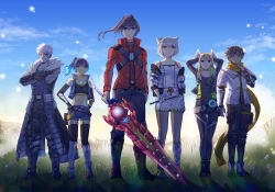 Rule 34 | 3boys, 3girls, animal ears, arms behind head, bare shoulders, belt, black hair, blonde hair, blue sky, brown hair, camisole, cat ears, chest jewel, closed mouth, cloud, collarbone, crossed arms, eunie (xenoblade), fiery hair, floating hair, flute, fuwamoko momen toufu, glasses, glowing, glowing lines, glowing weapon, grass, head wings, highres, holding, holding instrument, holding weapon, instrument, jacket, lanz (xenoblade), looking afar, looking at viewer, midriff, mio (xenoblade), mountain, multiple boys, multiple girls, noah (xenoblade), ponytail, scarf, sena (xenoblade), shaded face, sky, standing, sword, taion (xenoblade), weapon, white hair, wings, xenoblade chronicles (series), xenoblade chronicles 3
