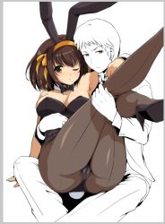 Rule 34 | 1boy, 1girl, animal ears, arm around neck, armpits, ass, bare arms, bare shoulders, black bow, black bowtie, blush, bob cut, border, bow, bowtie, breasts, brown hair, brown pantyhose, cleavage, closed mouth, collared shirt, commentary request, detached collar, fake animal ears, frown, grey border, haruhisky, high heels, large breasts, leg lift, legs up, leotard, long sleeves, looking at viewer, one eye closed, pants, pantyhose, partially colored, playboy bunny, rabbit ears, shirt, short hair, simple background, sitting, sitting on person, stiletto heels, suzumiya haruhi, suzumiya haruhi no yuuutsu, thighs, tsundere, unfinished, v-shaped eyebrows, white background, wide hips, wrist cuffs