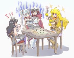 Rule 34 | 4girls, blake belladonna, card, crying, exhausted, hug, iesupa, multiple girls, pantyhose, ruby rose, rwby, sitting, sparkle, tabletop game, thighhighs, weiss schnee, yang xiao long
