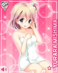 Rule 34 | 1girl, barefoot, blonde hair, bottomless, card (medium), collarbone, girlfriend (kari), grey eyes, hand on face, looking at viewer, mishima yurara, official art, open mouth, pink background, qp:flapper, short hair, side ponytail, sitting, smile, solo, tagme, towel