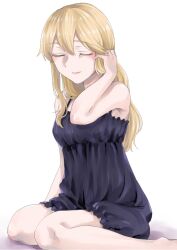 Rule 34 | 1girl, bare shoulders, barefoot, black camisole, blonde hair, breasts, camisole, clarice (idolmaster), closed eyes, closed mouth, hand in own hair, hand up, idolmaster, idolmaster cinderella girls, idolmaster cinderella girls starlight stage, long hair, medium breasts, namiko817, simple background, sitting, smile, solo, white background, yokozuwari