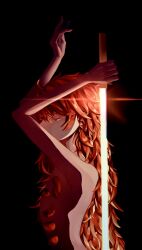 Rule 34 | 1other, absurdres, arms up, black background, commentary, gem, highres, holding, holding sword, holding weapon, houseki no kuni, long hair, looking ahead, nude, padparadscha (houseki no kuni), red eyes, red gemstone, red hair, red nails, red theme, sheath, simple background, solo, sword, tri angle7, unsheathing, upper body, weapon