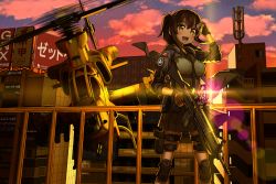 Rule 34 | 1girl, :d, ah-1 cobra, aircraft, assault rifle, bad id, bad pixiv id, blush, brown gloves, brown hair, building, cloud, gloves, green eyes, gun, hair ornament, hairclip, handgun, helicopter, highres, holding, holding gun, holding weapon, holster, knee pads, lens flare, long hair, open mouth, original, outdoors, railing, rifle, shiono fuyu, sky, smile, standing, star (sky), starry sky, sunset, trigger discipline, weapon, weapon request