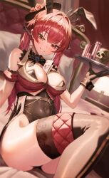 Rule 34 | 1girl, bare shoulders, between breasts, blush, breasts, cleavage, hair ribbon, heterochromia, highres, hololive, houshou marine, kobayashi (jna x rgh), large breasts, long hair, looking at viewer, open mouth, red eyes, red hair, ribbon, smile, solo, thick thighs, thighhighs, thighs, twintails, virtual youtuber, yellow eyes