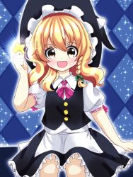 Rule 34 | 1girl, :d, bad id, bad pixiv id, blonde hair, blush, braid, collared shirt, commentary, glowing, hat, kirisame marisa, looking at viewer, natsune ilasuto, open mouth, puffy short sleeves, puffy sleeves, shirt, short sleeves, side braid, single braid, sitting, skirt, skirt set, smile, solo, sparkle, star (symbol), touhou, vest, wavy hair, witch hat, yellow eyes
