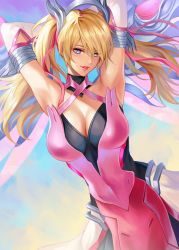 Rule 34 | 1girl, alternate hairstyle, armpits, arms behind head, arms up, bad id, bad pixiv id, bare shoulders, blonde hair, blue eyes, blue sky, breasts, cleavage, cowboy shot, dress, elbow gloves, gloves, hair ribbon, halo, halterneck, heart, heart-shaped pupils, highres, huge breasts, kacyu, large breasts, looking at viewer, mechanical halo, mechanical wings, medium hair, mercy (overwatch), official alternate costume, overwatch, overwatch 1, parted lips, pink dress, pink lips, pink mercy, pink ribbon, pink wings, ribbon, sky, smile, solo, symbol-shaped pupils, twintails, wings