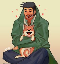 Rule 34 | 1boy, ace attorney, animal, black hair, brown background, closed eyes, coat, collared shirt, dick gumshoe, dog, facial hair, facing ahead, feet out of frame, goatee stubble, green coat, happy, heart, highres, holding, holding animal, holding dog, kukustar (kukuu), male focus, mature male, missile (ace attorney), necktie, open mouth, shirt, short hair, sideburns, sitting, smile, solo, stubble, teeth, white shirt