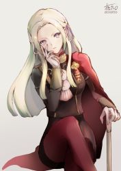 Rule 34 | 1girl, atoatto, axe, blonde hair, blue eyes, cape, ascot, edelgard von hresvelg, fire emblem, fire emblem: three houses, gloves, hair ornament, long hair, looking at viewer, mole, mole under mouth, nintendo, pantyhose, simple background, solo, uniform, weapon, white background