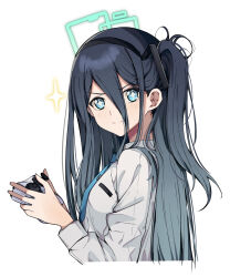 Rule 34 | + +, 1girl, absurdres, aris (blue archive), black hairband, blue archive, blue eyes, blue hair, blue necktie, closed mouth, collared shirt, controller, cropped torso, dark blue hair, hair between eyes, hair ornament, hairband, halo, highres, holding, holding controller, light blush, long bangs, long hair, looking at viewer, necktie, one side up, pokarii zuu, shirt, simple background, smile, solo, upper body, white background, white shirt