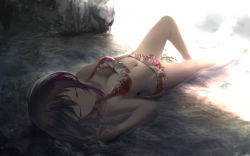 Rule 34 | 1girl, bikini, breasts, brown hair, cleavage, closed eyes, frilled bikini, frills, gradient background, highres, kouji (astral reverie), lying, navel, original, parted lips, partially submerged, short hair, sleeping, solo, swimsuit