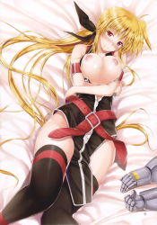 Rule 34 | 00s, 1girl, armband, armor, belt, black ribbon, black thighhighs, blonde hair, blush, breasts, breasts out, fate testarossa, fate testarossa (true sonic form), gauntlets, hair ribbon, highres, large breasts, long hair, looking at viewer, lying, lyrical nanoha, mahou senki lyrical nanoha force, mahou shoujo lyrical nanoha, mikuni mizuki, nipples, no bra, no panties, on back, open clothes, ponytail, red eyes, ribbon, scan, solo, thighhighs, thighs, very long hair