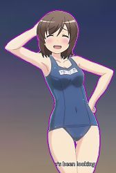 Rule 34 | 1girl, arm behind head, armpits, artist request, blue background, blue one-piece swimsuit, blue school swimsuit, blush, breasts, brown hair, character name, cleavage, closed eyes, collarbone, covered navel, cowboy shot, english text, female focus, futsuu no joshikousei ga locodol yattemita, gradient background, grey background, groin, hair between eyes, hand on own hip, legs together, old school swimsuit, one-piece swimsuit, outline, parted bangs, purple outline, scan, school swimsuit, self-upload, short hair, solo, standing, subtitled, swimsuit, thighs, usami nanako, waving