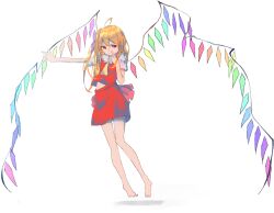 Rule 34 | 1girl, alternate hairstyle, ascot, back bow, bare legs, barefoot, bow, closed mouth, collared shirt, flandre scarlet, frilled shirt collar, frills, full body, hair between eyes, long hair, multicolored wings, no headwear, nosuteia, red eyes, red skirt, red vest, shirt, short sleeves, simple background, skirt, solo, touhou, vest, white background, white shirt, wings, yellow ascot