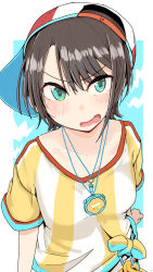 Rule 34 | 1girl, aqua eyes, black hair, henoeno, highres, hololive, multicolored clothes, multicolored headwear, oozora subaru, oozora subaru (1st costume), shirt, short hair, sideways hat, solo, stopwatch, stopwatch around neck, striped clothes, striped shirt, tied shirt, upper body, virtual youtuber, watch, whistle, whistle around neck