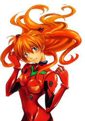 Rule 34 | 1girl, absurdres, blue eyes, blush, bodysuit, breasts, breasts apart, brown hair, fcc (fengcheche), floating hair, hair between eyes, hair ornament, head tilt, highres, interface headset, long hair, looking at viewer, neon genesis evangelion, parted lips, plugsuit, red bodysuit, simple background, small breasts, solo, souryuu asuka langley, upper body, very long hair, white background