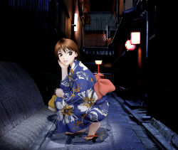 Rule 34 | 1girl, 3d, bag, blue kimono, brown eyes, brown hair, feet, geta, highres, japanese clothes, kimono, nail polish, original, short hair, solo, squatting, toes, yui toshiki, yukata