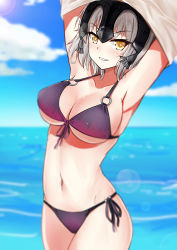Rule 34 | 1girl, absurdres, beach, bikini, black bikini, breasts, cowboy shot, day, fate/apocrypha, fate/grand order, fate (series), front-tie top, headpiece, highres, jeanne d&#039;arc (fate), jeanne d&#039;arc alter (avenger) (fate), jeanne d&#039;arc alter (fate), looking at viewer, medium breasts, o-ring, o-ring bikini, side-tie bikini bottom, silver hair, solo, swimsuit, undressing, xiao bing qiaokeli, yellow eyes