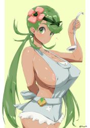 Rule 34 | 1girl, areola slip, bea (bropmlk), blush, breasts, cleavage, covered erect nipples, creatures (company), dark-skinned female, dark skin, female focus, flower, game freak, green hair, hair flower, hair ornament, highres, huge breasts, long hair, looking at viewer, mallow (pokemon), matching hair/eyes, nintendo, nipples, overalls, pokemon, pokemon sm, shiny skin, simple background, solo, spoon, trial captain, twintails, upper body