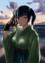 Rule 34 | 10s, 1girl, bad id, bad twitter id, beach, blue eyes, blue hair, blush, breasts, brown gloves, closed mouth, evening, gloves, headband, highres, inactive account, japanese clothes, kantai collection, kimono, light rays, matching hair/eyes, medium breasts, ocean, outdoors, partially fingerless gloves, partly fingerless gloves, salute, sand, sash, shore, short hair, short twintails, smile, solo, souryuu (kancolle), sunlight, sunset, tareme, twintails, upper body, wa (genryusui), water, yugake
