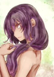 Rule 34 | 1girl, breasts, fang, fang out, from side, hair down, large breasts, long hair, purple hair, red eyes, sideways glance, solo, topless, touhou, yasaka kanako, yohane
