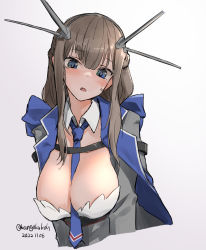 Rule 34 | 1girl, between breasts, blue bow, blue eyes, blue necktie, bow, breasts, capelet, cleavage, dress, grey capelet, grey hair, headgear, highres, kangoku kou, kantai collection, large breasts, long hair, looking at viewer, low twintails, maryland (kancolle), necktie, necktie between breasts, one-hour drawing challenge, radio antenna, shirt, simple background, sleeveless, solo, strapless, strapless dress, twintails, upper body, white background, white shirt