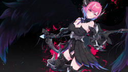 Rule 34 | 1girl, :q, black gloves, black thighhighs, black wings, blush, breasts, bright pupils, chastity belt, cleavage, copyright request, crazy smile, feathered wings, gloves, hairband, highres, holding, holding scythe, horns, large breasts, leg tattoo, looking at viewer, making-of available, mole, mole on breast, navel piercing, piercing, pink eyes, pink hair, pochi (pochi-goya), scythe, smile, solo, spiked hairband, spikes, tattoo, thighhighs, tongue, tongue out, white pupils, wings