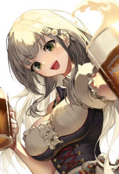 Rule 34 | 1girl, :d, absurdres, alcohol, beer, beer mug, breasts, collared shirt, commentary request, corset, cup, flower, frilled shirt, frills, green eyes, hair flower, hair ornament, hands up, highres, holding, holding cup, hololive, kabu (niniko2ko), large breasts, long hair, looking at viewer, mug, official alternate costume, open mouth, outstretched arm, shirogane noel, shirogane noel (dirndl), shirt, silver hair, simple background, smile, solo, teeth, upper body, upper teeth only, virtual youtuber, white background, white flower, white shirt
