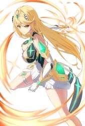 Rule 34 | 1girl, bare legs, bare shoulders, blonde hair, breasts, chest jewel, cleavage, cleavage cutout, clothing cutout, doromizu (d0r0118), dress, elbow gloves, gem, gloves, headpiece, highres, large breasts, long hair, looking at viewer, mythra (xenoblade), simple background, solo, swept bangs, thigh strap, tiara, white background, white dress, white gloves, xenoblade chronicles (series), xenoblade chronicles 2, yellow eyes