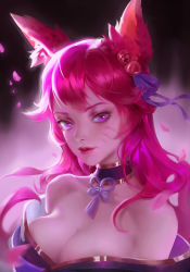 Rule 34 | 1girl, absurdres, ahri (league of legends), aling (shanatans), animal ears, bare shoulders, bell, black background, breasts, cleavage, facial mark, fox ears, hair bell, hair ornament, hair ribbon, highres, large breasts, league of legends, long hair, looking at viewer, multicolored background, neck ribbon, pink background, pink eyes, pink hair, pink ribbon, purple ribbon, ribbon, solo, spirit blossom (league of legends), spirit blossom ahri, upper body